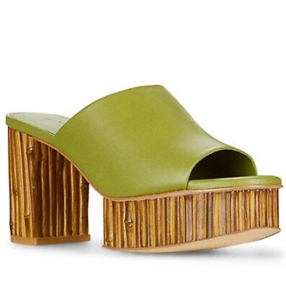 Cult Gaia Judith Leather Bamboo Platform Slide Sandals Green/Tan Womens 6.5 NWOT - Picture 3 of 14